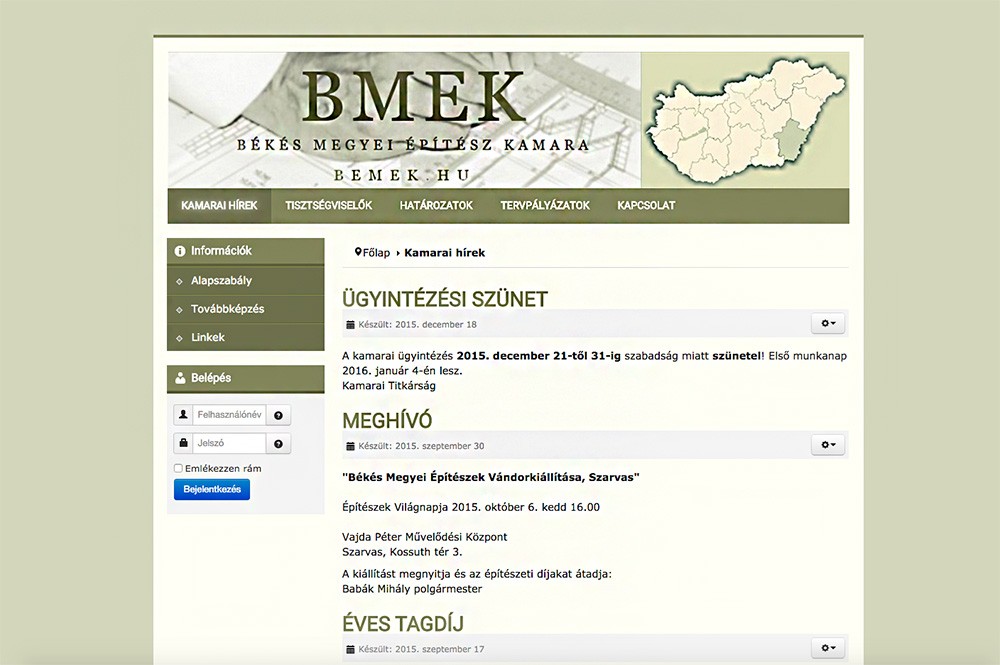 Weboldal megújítás a Békés Megyei Építész Kamara számára